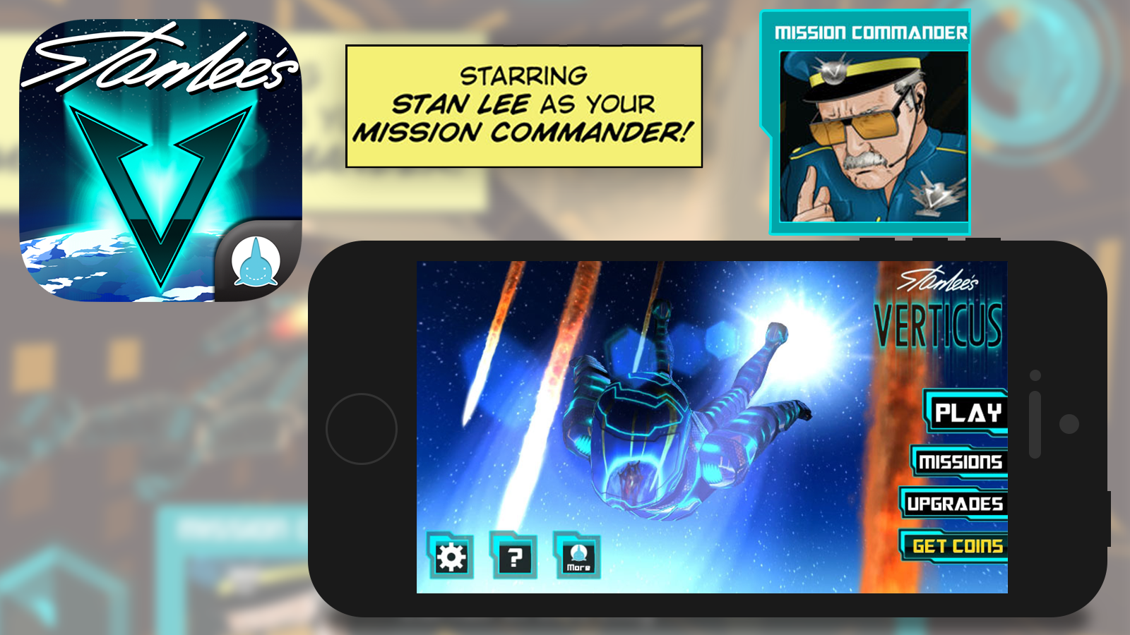 App Icon and Comic Illustration of Stan Lee as 'Mission Commander', the in-game narrator.