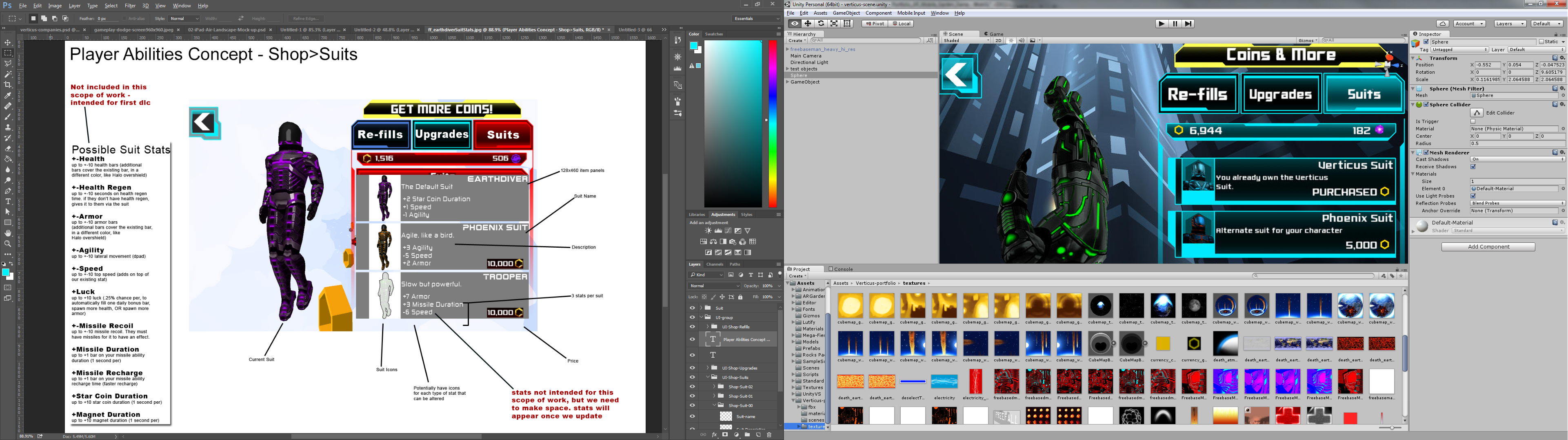 Screenshots of in-progress Photoshop mockup and UI development in Unity of Verticus Suit Abilities